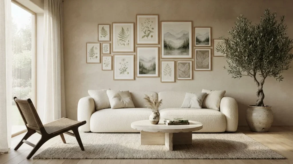 Organic modern living room with botanical artwork, natural wood frames, and indoor greenery