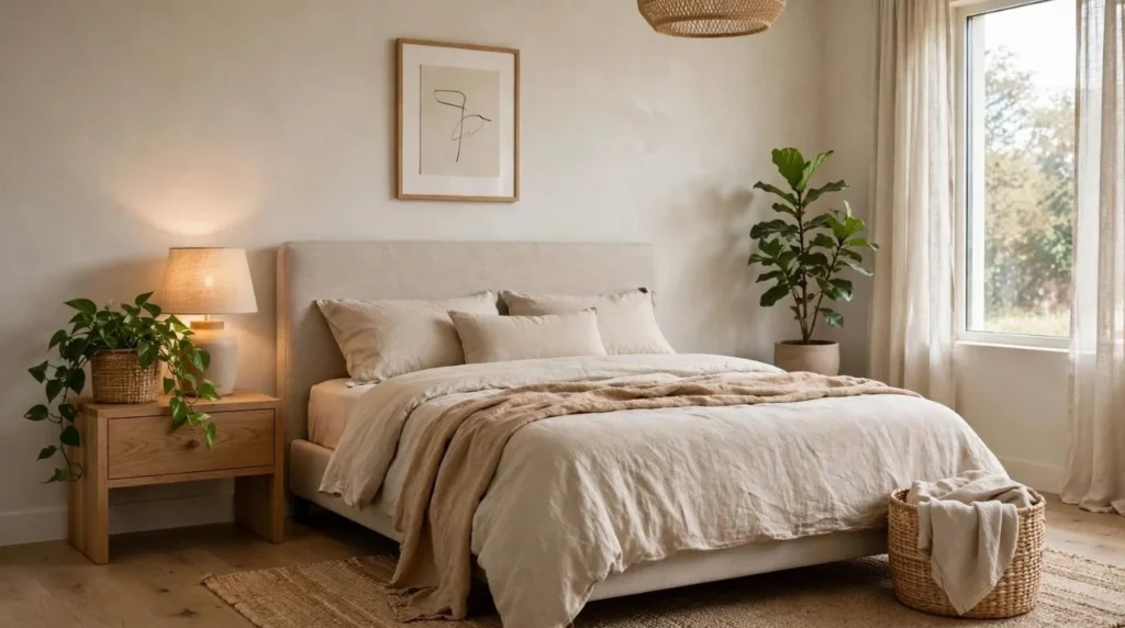 Modern bedroom with indoor plants, natural wood, woven textures, and neutral decor