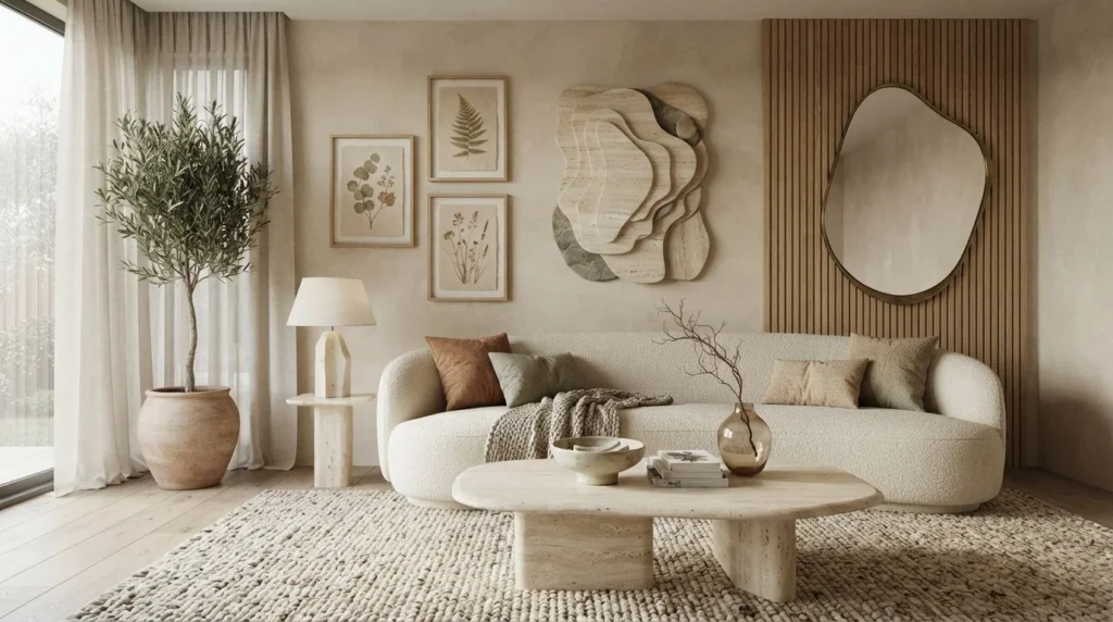 Organic modern living room with textured plaster, natural wood, sculptural art, and greenery
