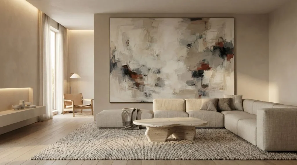 Modern living room featuring oversized abstract artwork above a beige sofa