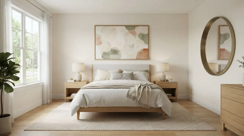 Hang One Oversized Artwork
One large artwork can make a strong statement without requiring multiple decorations. Choose an abstract print, landscape, botanical design, or photography piece that complements your bedding and wall color.
Oversized artwork works particularly well when the rest of the room has simple furniture and limited decorative accents. It gives the wall visual interest while maintaining a clean appearance.Decorate the Wall Above the Bed
The wall above the bed naturally attracts attention, making it an ideal place for bedroom wall art. Consider a large canvas, a three-piece artwork set, framed prints, a tapestry, or a carefully arranged gallery wall.
Choose artwork that relates visually to the bed and headboard. Avoid selecting a piece that is so small that it appears disconnected from the furniture beneath it.
Add a Statement Mirror
Decorative mirrors combine function with style. A round, arched, or oversized mirror can reflect light and help a small bedroom feel more open.
Place a mirror where it can reflect natural light or an attractive part of the room. Choose a frame that works with your existing furniture, lighting fixtures, and other decorative accents.
