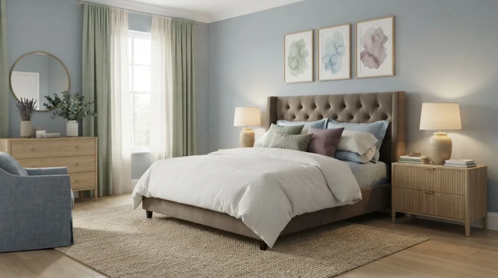 Peaceful bedroom color combinations with sage, blue, beige, taupe, and cream