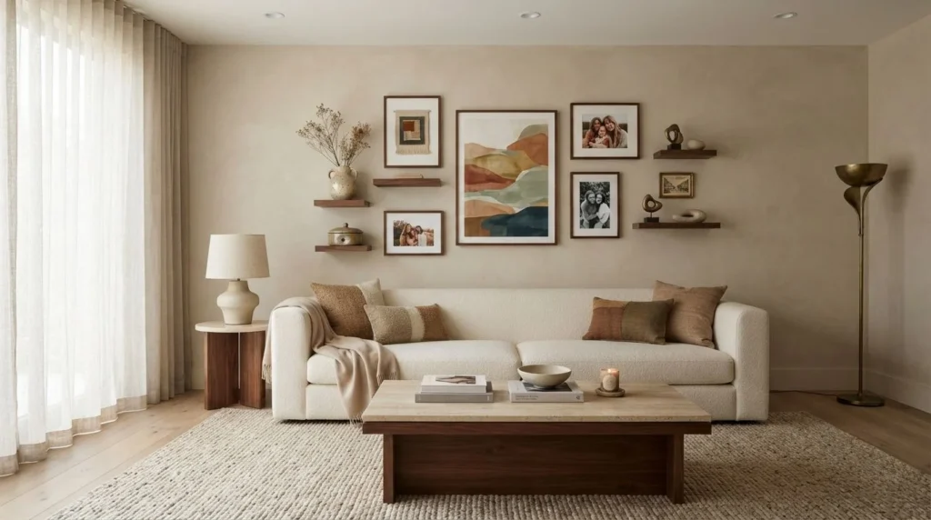 Contemporary living room with personalized artwork, family photographs, ceramics, and sculptural decor