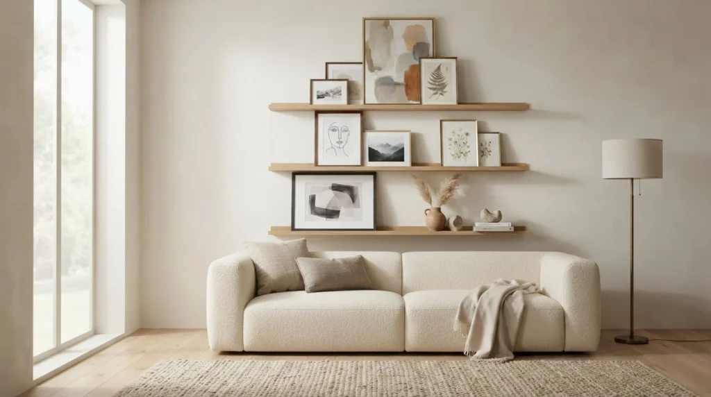 Contemporary living room with layered artwork displayed on natural oak picture ledges