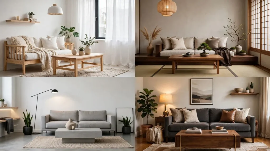 Comparison of Scandinavian, Japandi, modern, and contemporary small living room styles.