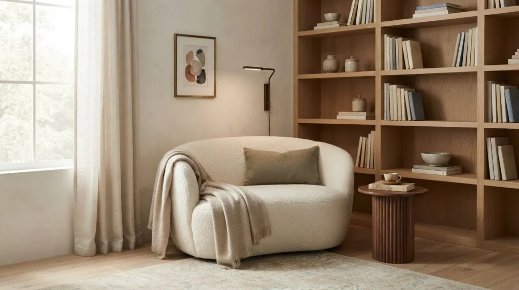 Cozy living room reading nook with wall-mounted lighting, artwork, and oak shelving