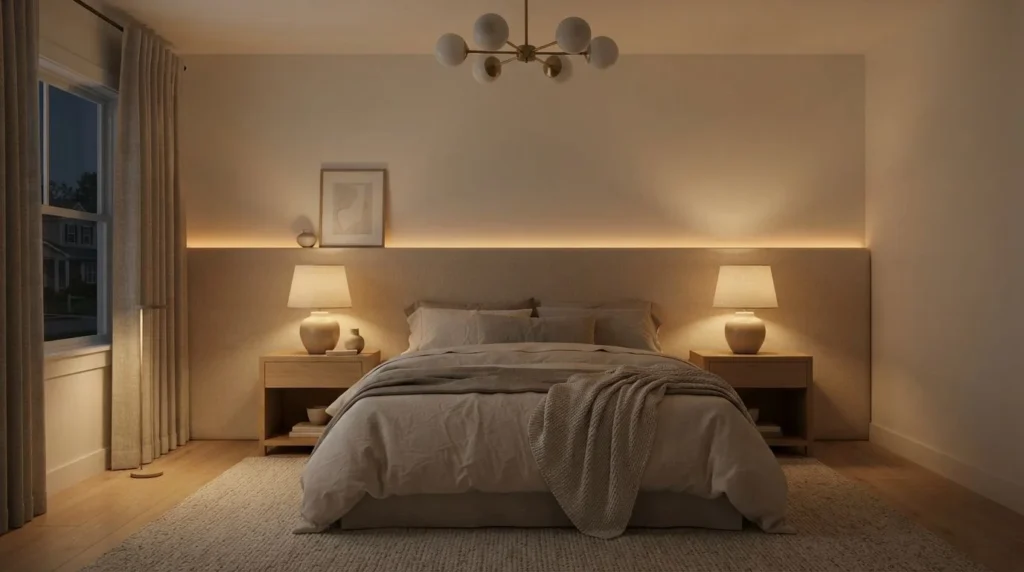 Cozy bedroom at night with soft warm bedside and indirect lighting