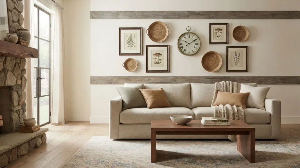 Modern rustic living room with wooden wall accents, vintage artwork, and woven baskets
