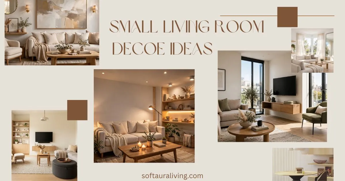 Small living room decor ideas featuring modern space-saving furniture, neutral color palette, floating shelves, and cozy Scandinavian-inspired interior design.