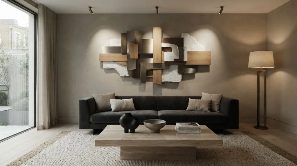 Contemporary living room with three-dimensional sculptural wall art and mixed materials