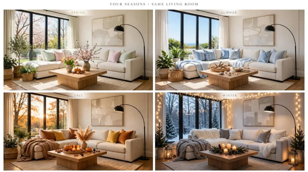Seasonal living room refresh ideas showing spring, summer, fall, and winter decor in a modern American living room.