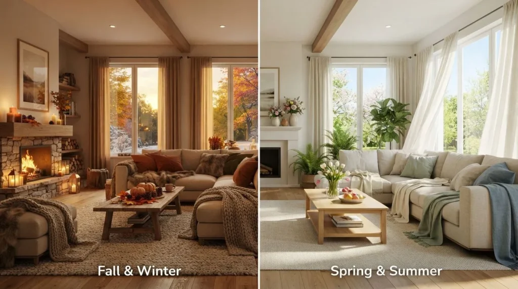 Seasonal cozy living room ideas featuring fall, winter, spring, and summer decor in one modern living space