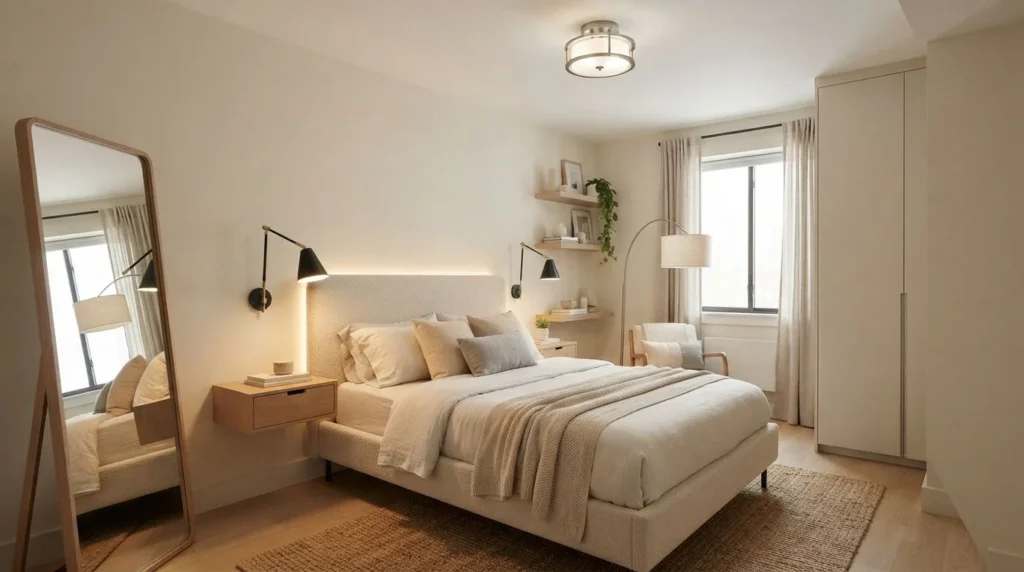 Small bedroom using wall sconces, flush-mount light, and space-saving lighting