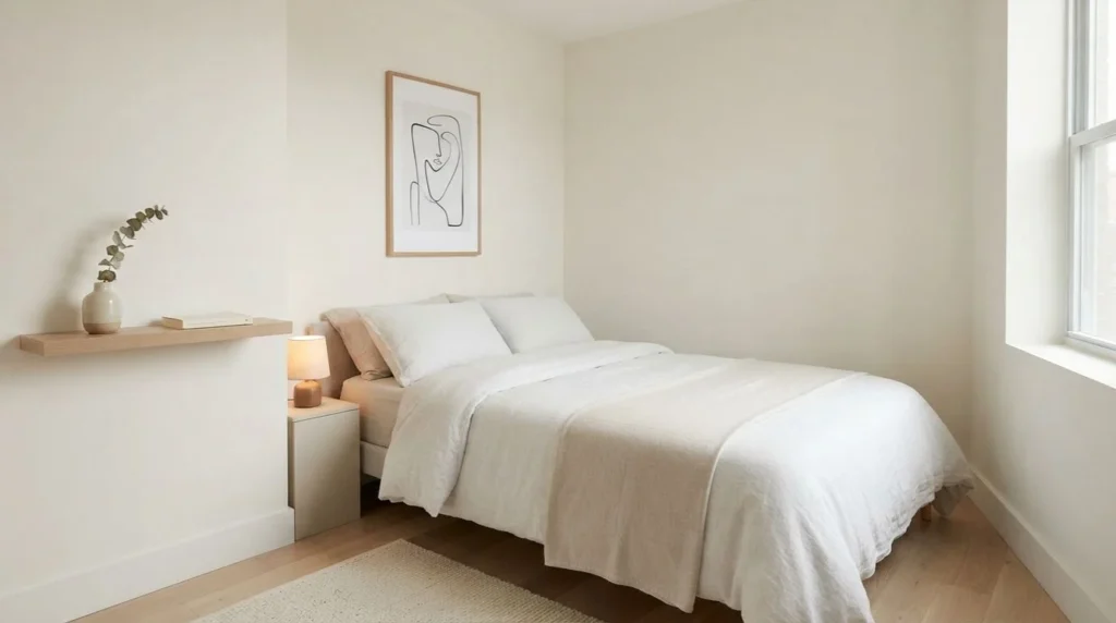 Small bedroom wall decor with minimalist framed artwork, neutral colors, and open wall space