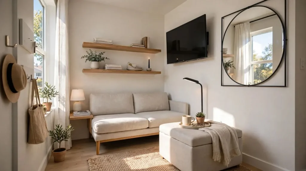 Small living room decor ideas with space-saving furniture and light neutral colors.