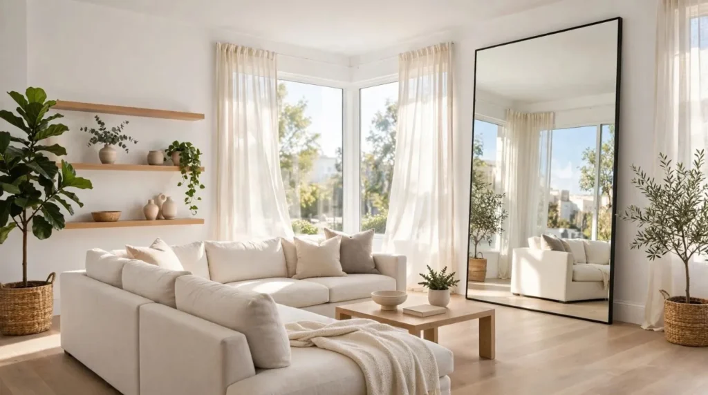 Bright small living room using mirrors, light colors, and natural light to create a larger space.