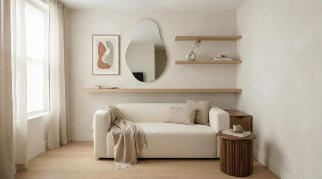 Small living room with an organic mirror, vertical artwork, and slim floating shelves