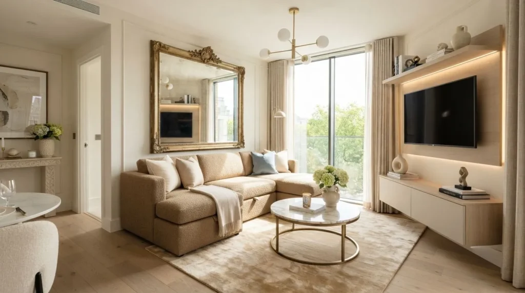 Small luxury living room with multifunctional furniture, oversized mirror, and elegant neutral decor.