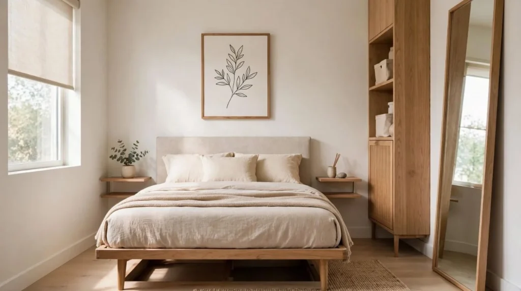 Small modern bedroom with compact furniture, vertical storage, and a large mirror