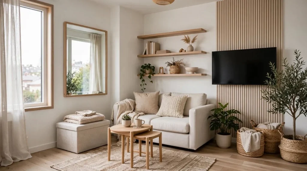 Small cozy living room with multifunctional furniture and smart storage solutions