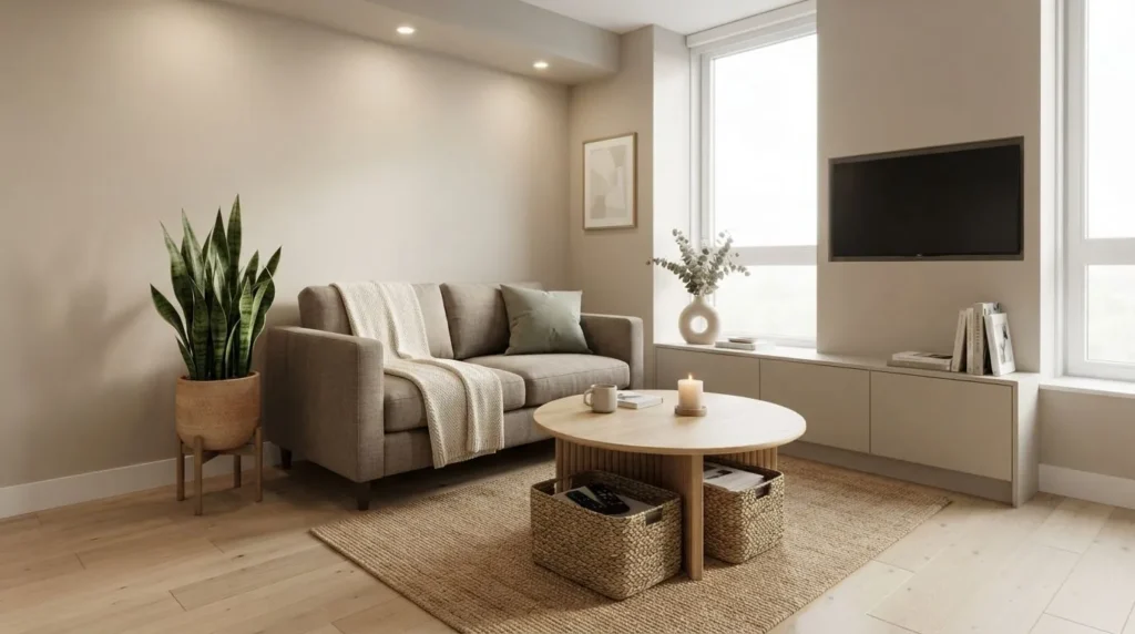 Functional small living room with organized furniture layout and cozy modern home decor.