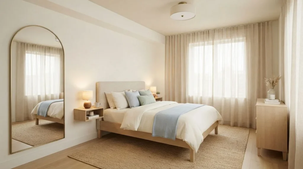 Small bedroom using light calming colors to create a spacious feel