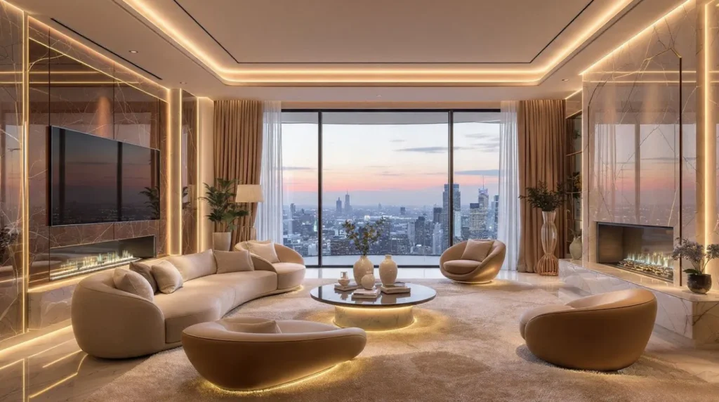 Smart luxury living room with automated lighting, motorized curtains, and modern home technology.