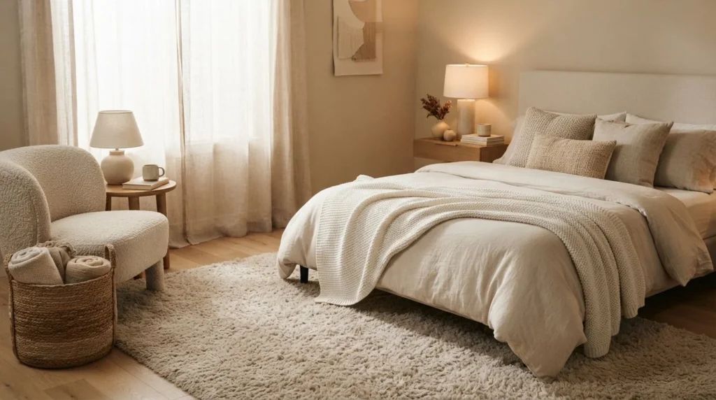 Cozy bedroom decor with soft textures, rug, woven basket, and plush chair