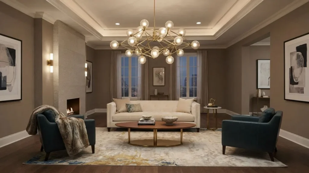 elegant living room with a modern statement chandelier