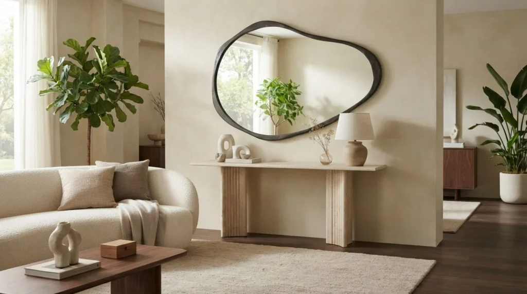 Elegant living room with an organic-shaped mirror above a travertine console