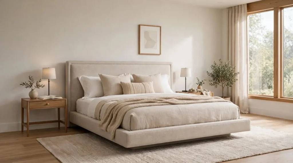 Streamlined upholstered platform bed as the focal point of a modern bedroom