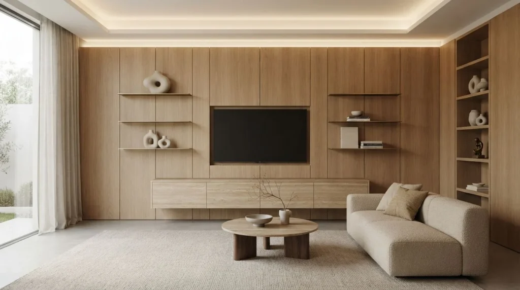 Modern living room with an integrated television, oak panels, shelving, and concealed cabinets