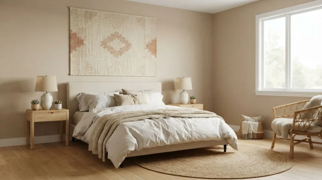 Cozy bedroom wall decor featuring a large woven tapestry with natural wood and rattan accents