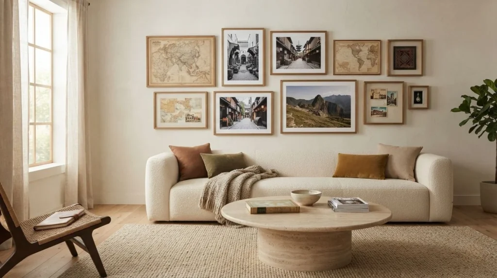 Personalized living room wall featuring travel maps, photographs, postcards, and souvenirs