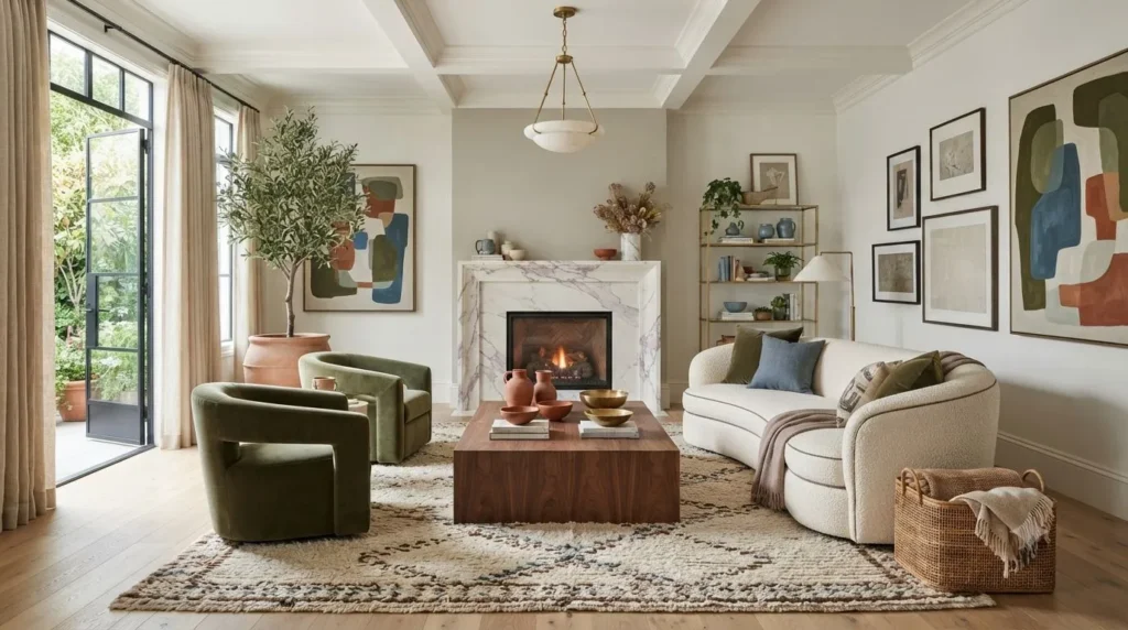Luxury American living room featuring the top trending paint colors and natural decor for 2026.