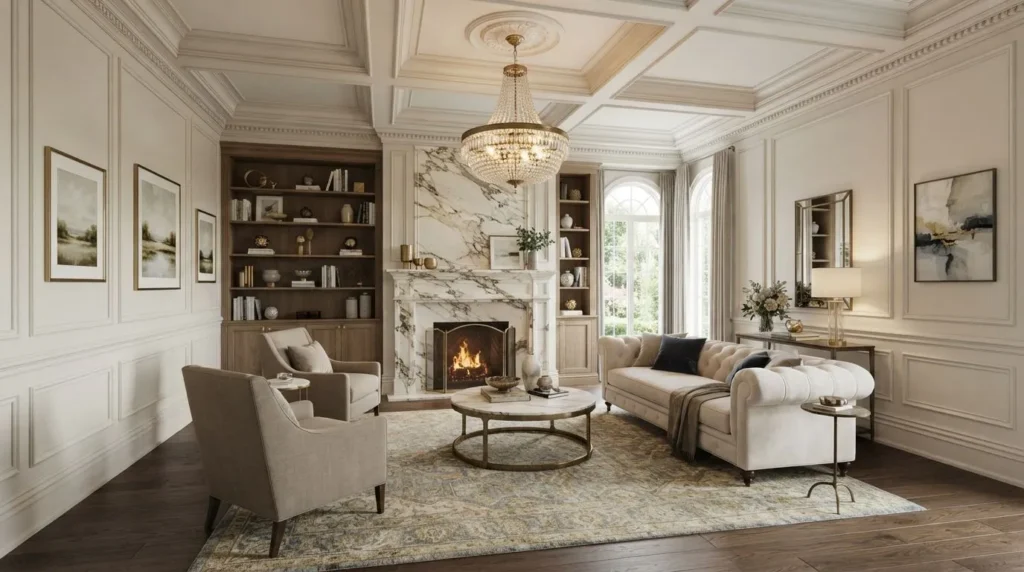 Luxury living room featuring decorative wall panels, coffered ceiling, crown molding, and marble fireplace.