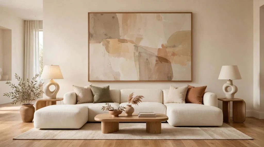 Living room with oversized artwork proportionally arranged above a cream sectional sofa
