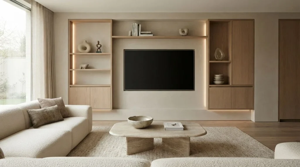 Modern living room TV wall surrounded by oak shelving, cabinetry, and subtle lighting