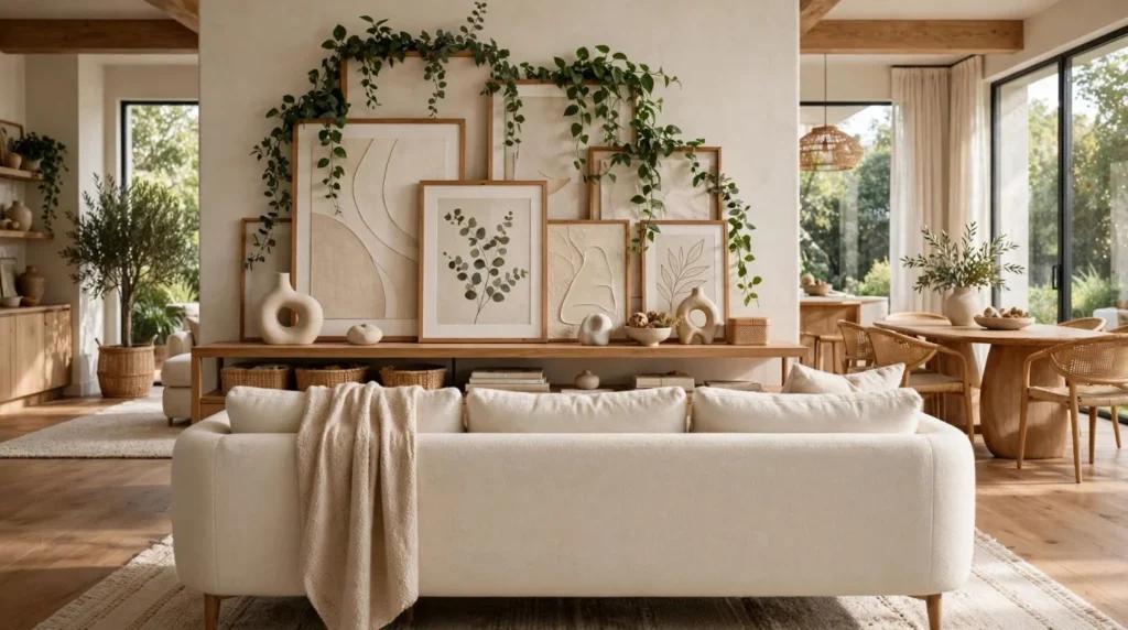 Open-plan living room with artwork, greenery, and a console table behind the sofa