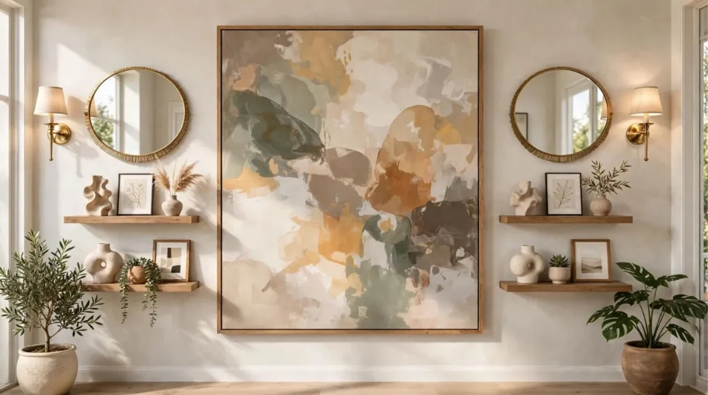 Modern living room wall decor with artwork, mirrors, floating shelves, and decorative accents.
