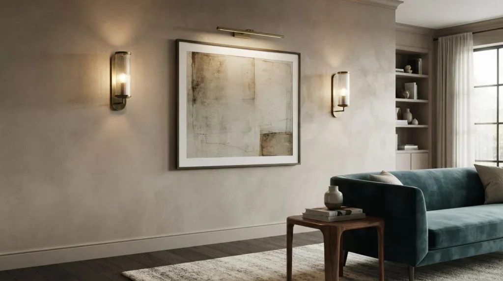 living room wall sconces illuminating decorative artwork