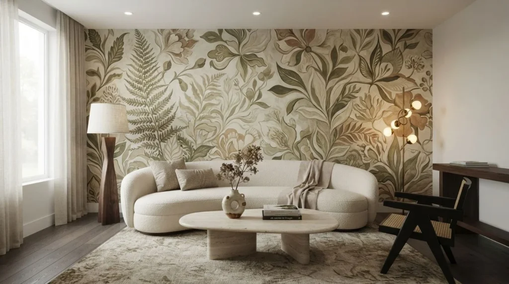 A contemporary living room with a botanical mural wallpaper feature wall