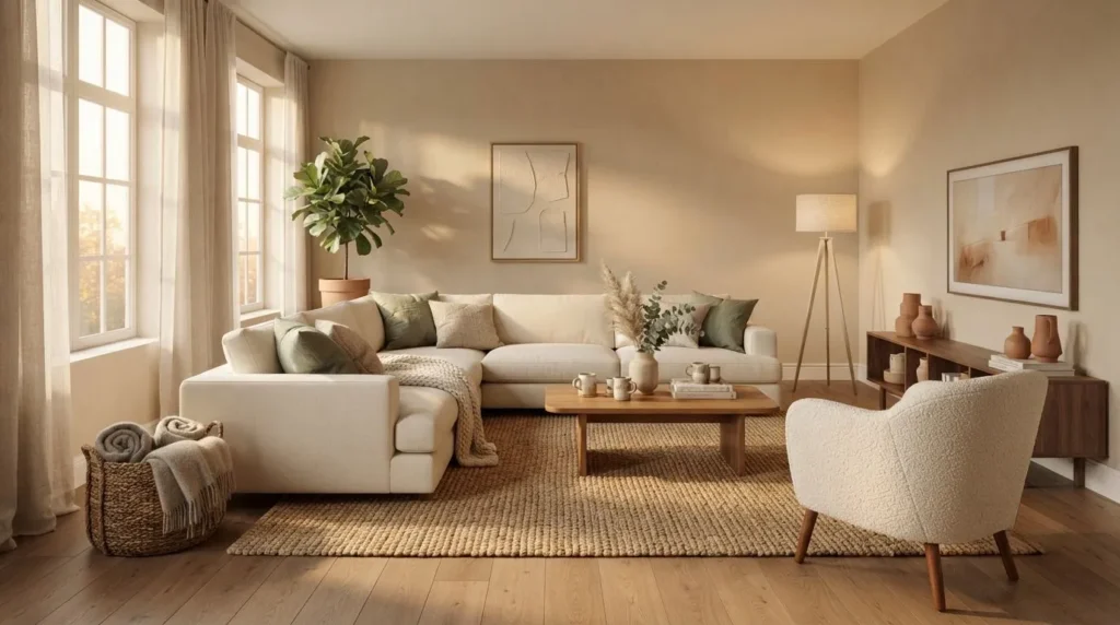Warm neutral color palette for a cozy living room with beige, sage green, and wooden furniture