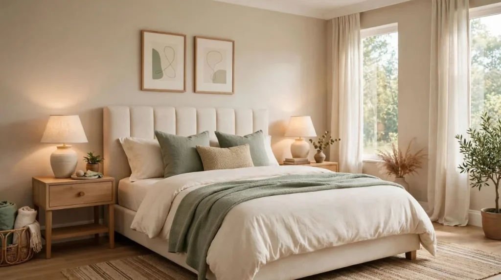 Calming bedroom colors with beige, cream, sage green, and natural wood