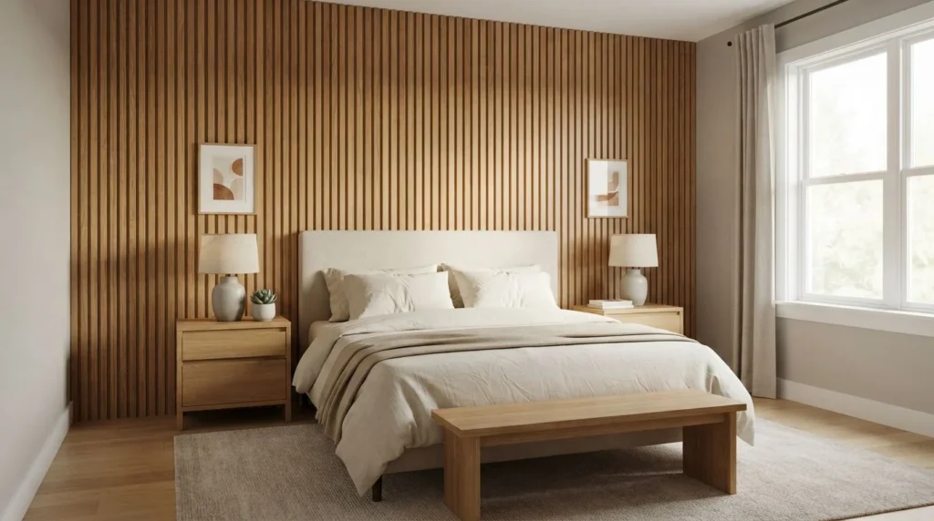 Modern bedroom wall decor featuring a natural oak wood slat accent wall behind the bed