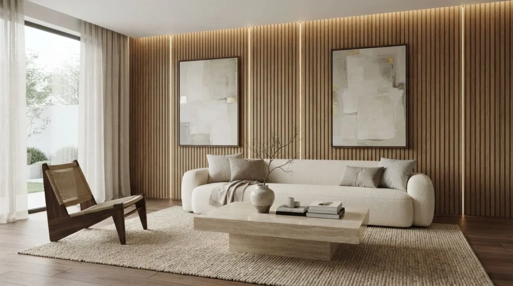 Modern living room with floor-to-ceiling natural oak slat wall paneling