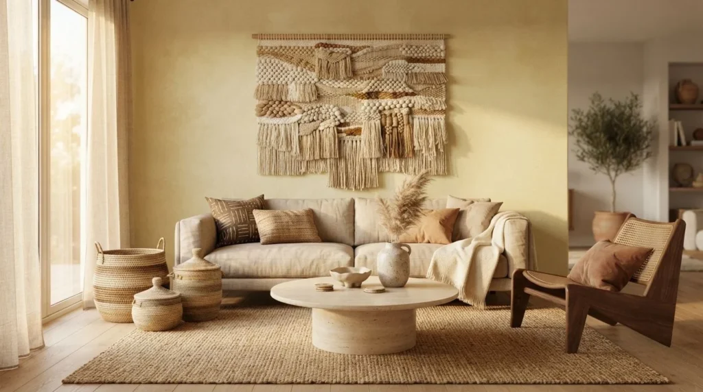 Boho living room featuring a large woven wall tapestry and natural fiber decor