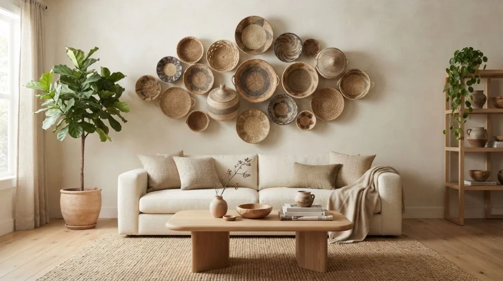 Organic living room wall decorated with an arrangement of handmade woven baskets