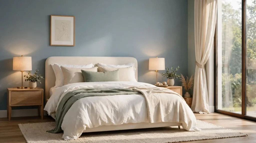 Calming bedroom with soft muted colors and natural lighting