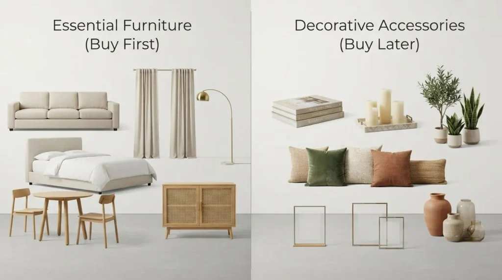 Comparison of essential furniture and decorative home accessories for beginner home decorating.